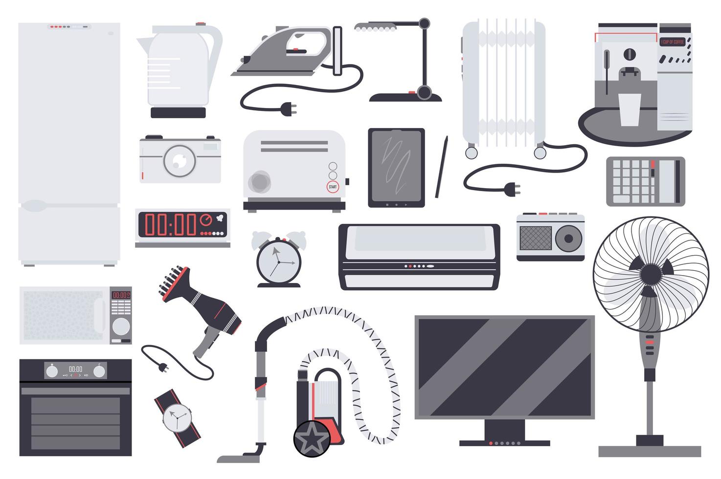 Conjunto de elementos aislados de electrodomésticos. paquete de refrigerador, plancha, hervidor, tostadora, microondas, horno, tv, aspiradora, ventilador y más. kit de creador para ilustración vectorial en diseño plano de dibujos animados vector