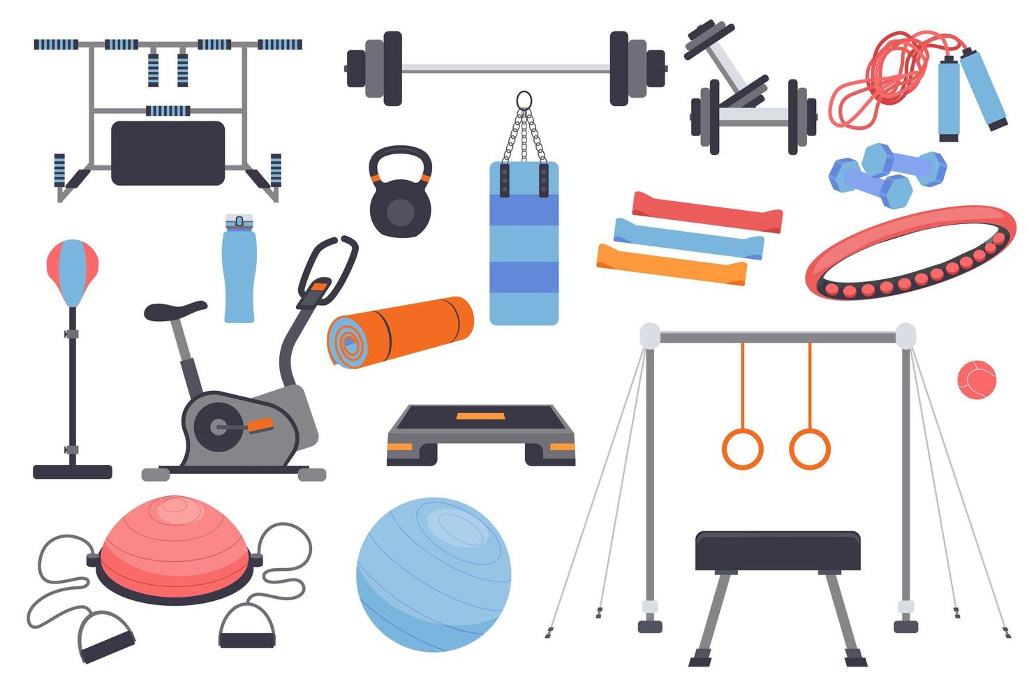 conjunto de elementos aislados de equipamiento deportivo. paquete de barra, mancuernas, pesas rusas, hula hoop, bicicleta estática, aparatos de gimnasia y otros. kit de creador para ilustración vectorial en diseño plano de dibujos animados vector