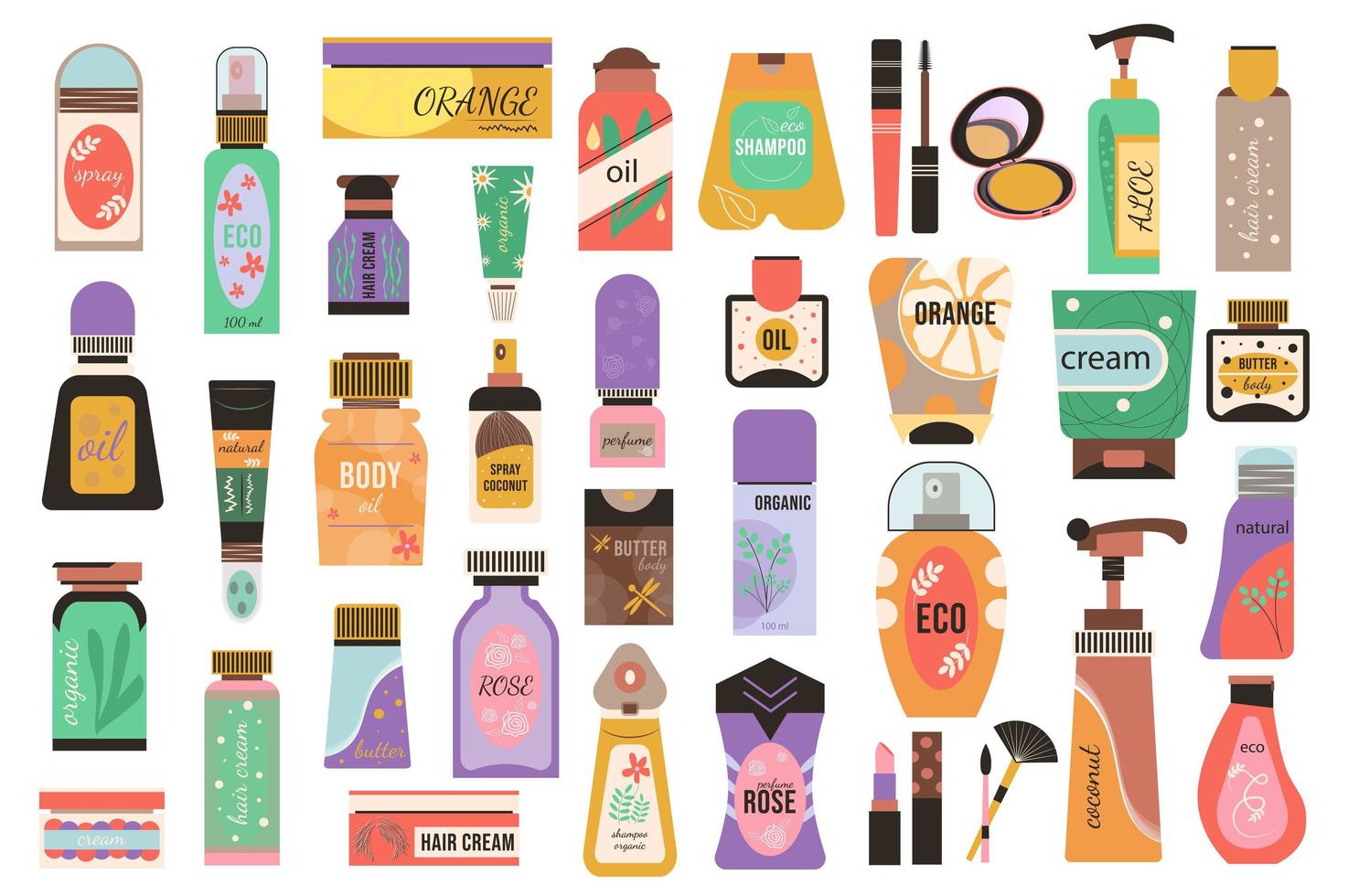 productos cosméticos conjunto de elementos aislados. paquete de frascos con lociones, champú, cremas o aceites corporales, lápiz labial, rímel, perfume y otros. kit de creador para ilustración vectorial en diseño plano de dibujos animados vector