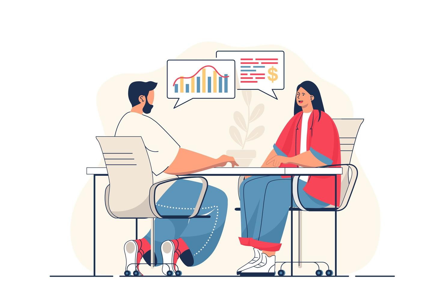 Business meeting concept for web banner. Man and woman discussing work tasks and financial strategy of company, modern person scene. Vector illustration in flat cartoon design with people characters