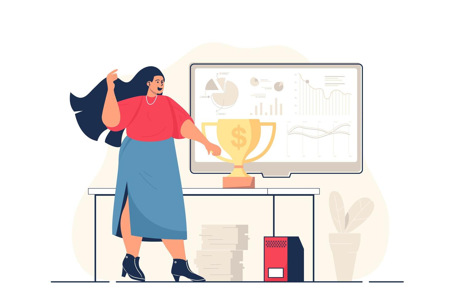 concepto de premio empresarial para banner web. empresaria celebrando la victoria y logrando metas con la copa del trofeo, escena de la persona moderna. ilustración vectorial en diseño plano de dibujos animados con personajes de personas vector