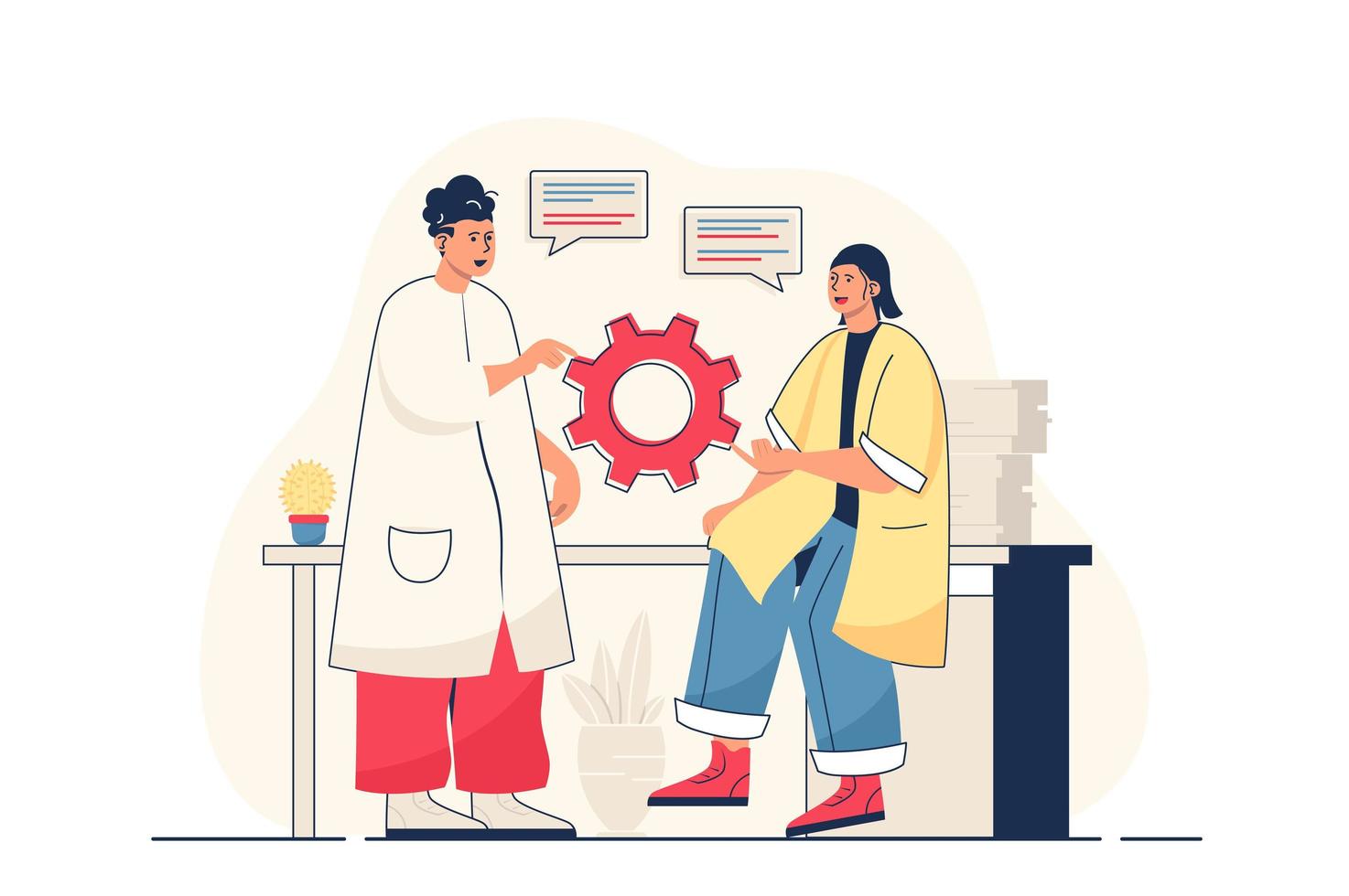 Teamwork concept for web banner. Colleagues discuss work tasks, generate ideas, brainstorming and collaboration modern person scene. Vector illustration in flat cartoon design with people characters