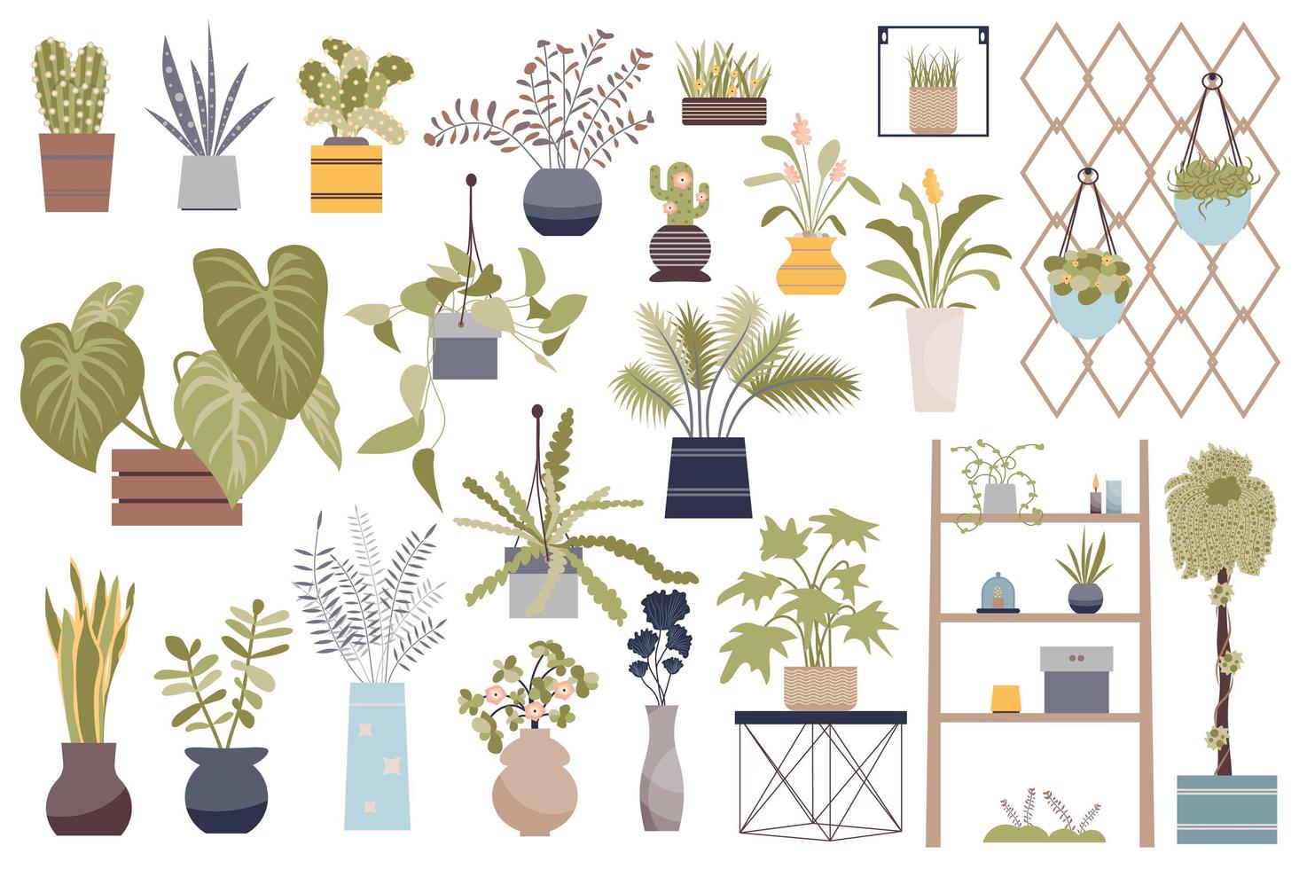 House plants isolated elements set. Bundle of domestic potted houseplant and blooming flowers, shelves with pots, hanging plants and other. Creator kit for vector illustration in flat cartoon design