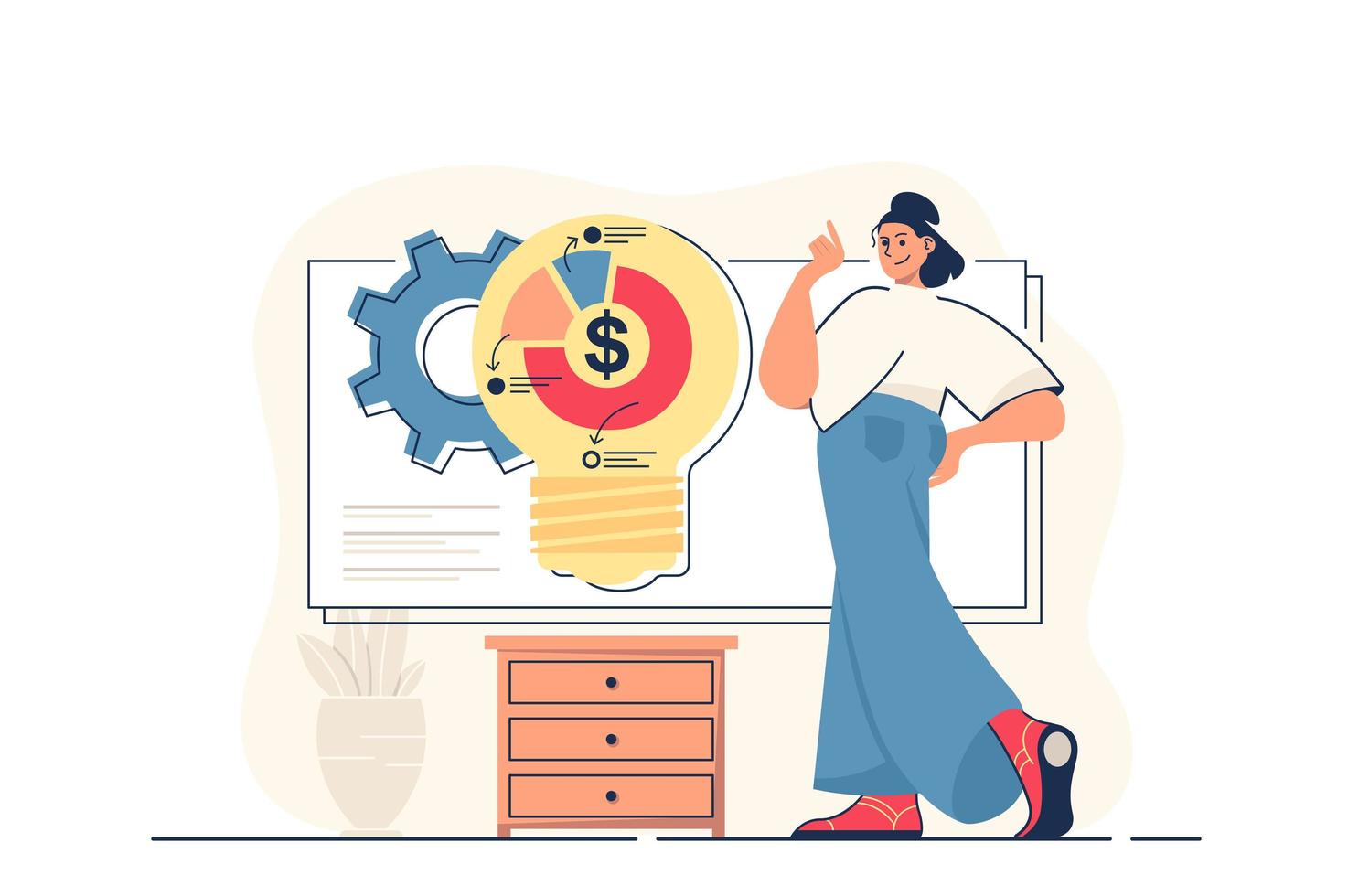 Business idea concept for web banner. Woman generates new ideas, develops success strategy for new project, modern person scene. Vector illustration in flat cartoon design with people characters