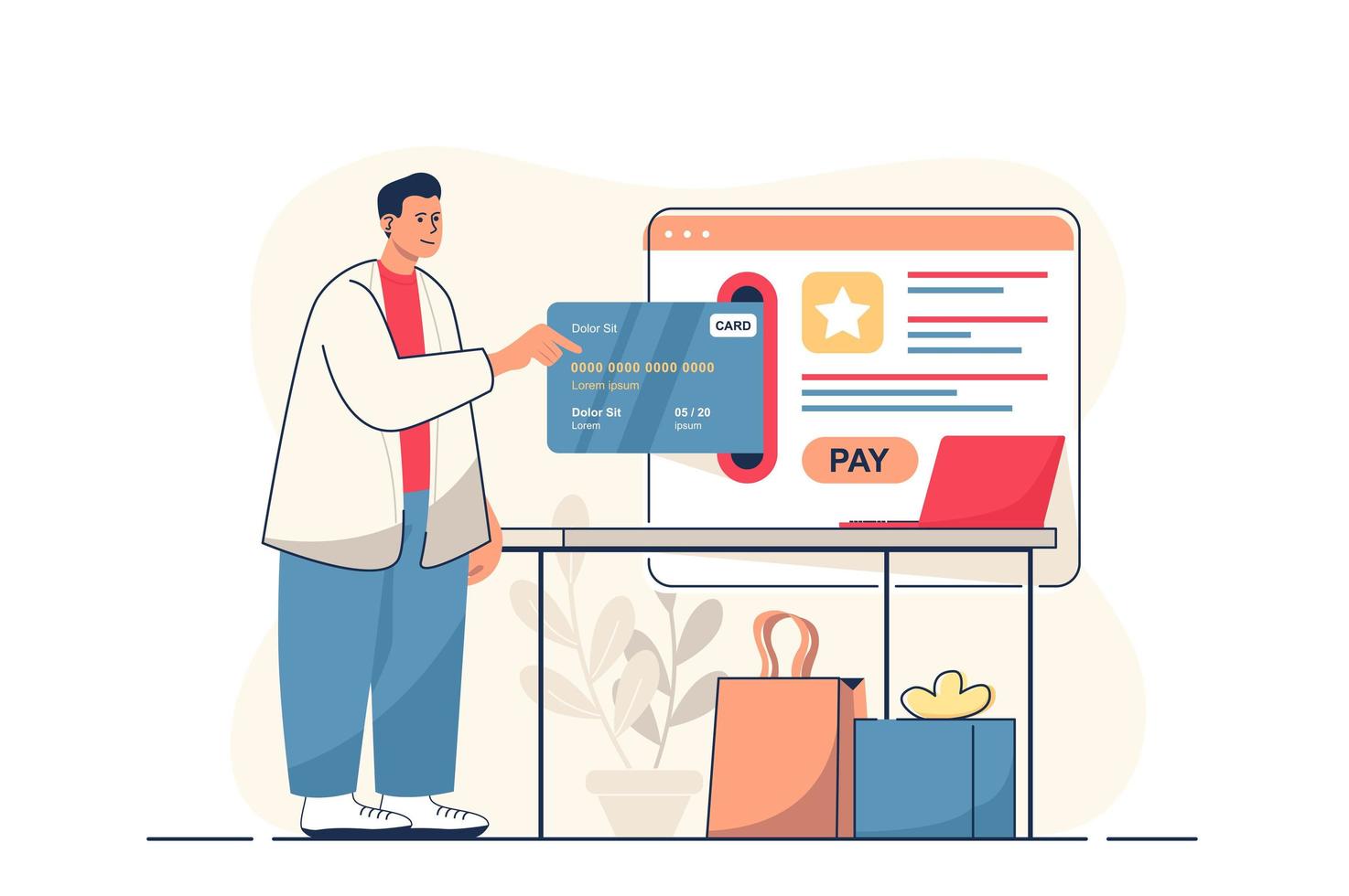 concepto de pago en línea para banner web. el hombre paga las compras con tarjeta de crédito en la banca en línea mediante el formulario del sitio web, la escena de la persona moderna. ilustración vectorial en diseño plano de dibujos animados con personajes de personas vector