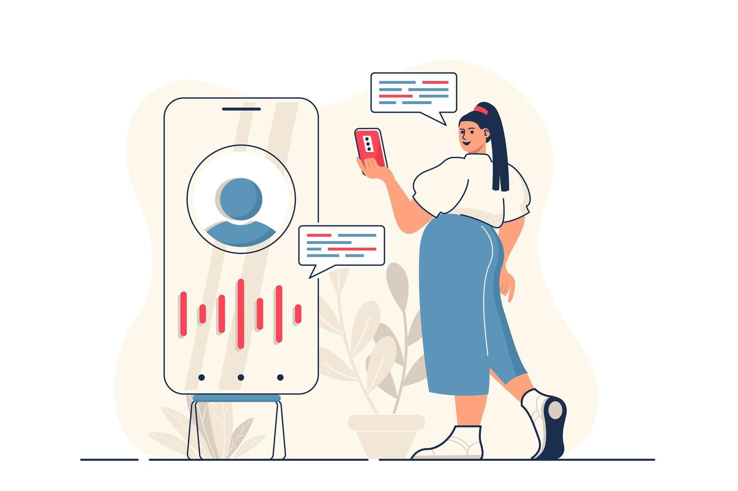 Virtual assistant concept for web banner. Woman calls or writes message to hotline or customer support service, modern person scene. Vector illustration in flat cartoon design with people characters