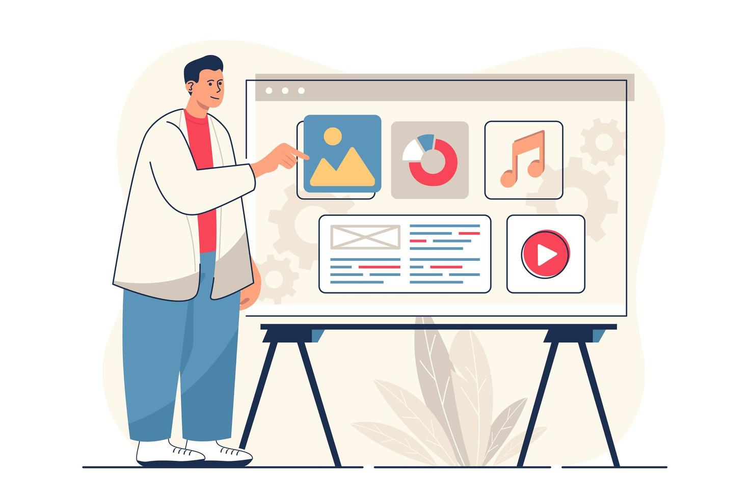 Content manager concept for web banner. Man fills site with video, audio and graphic content and analyzes data, modern person scene. Vector illustration in flat cartoon design with people characters 4491040 Vector Content manager concept for web banner. Man fills site with video, audio and graphic content and analyzes data, modern person scene. Vector illustration in flat cartoon design with people characters 4491040 Vector
