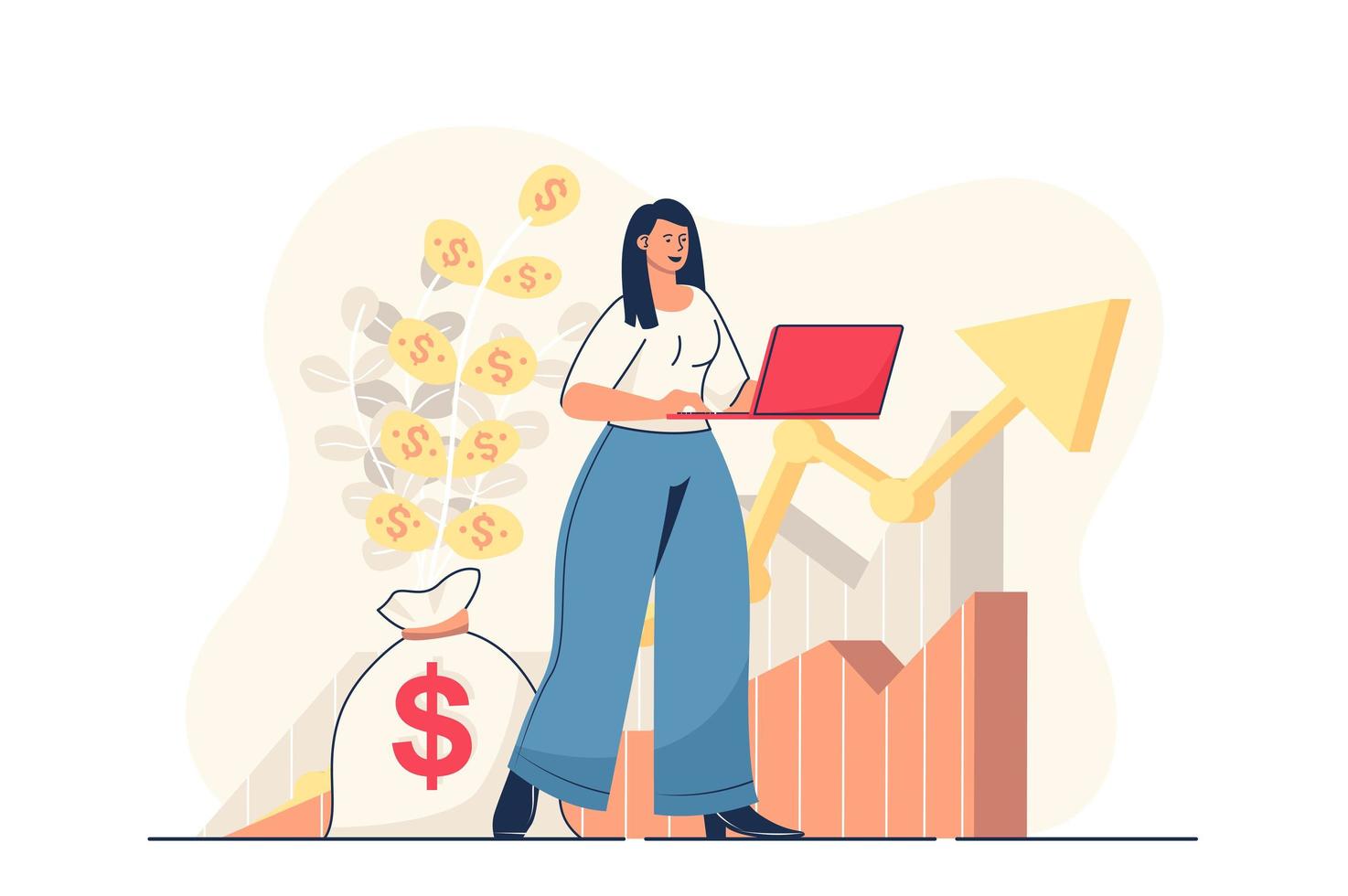 Business growth concept for web banner. Businesswoman analyzes business data and financial statistics, leadership modern person scene. Vector illustration in flat cartoon design with people characters