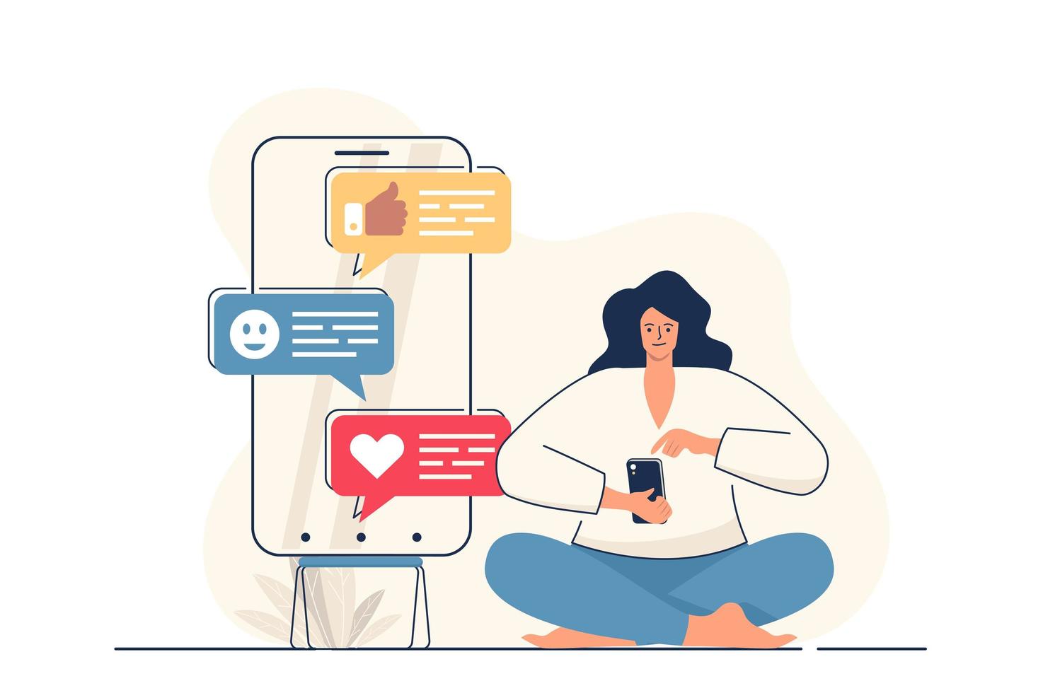 concepto de red social para banner web. mujer escribe mensajes, chats, navegación de noticias, publicaciones y me gusta en la escena de la persona moderna de la aplicación. ilustración vectorial en diseño plano de dibujos animados con personajes de personas vector