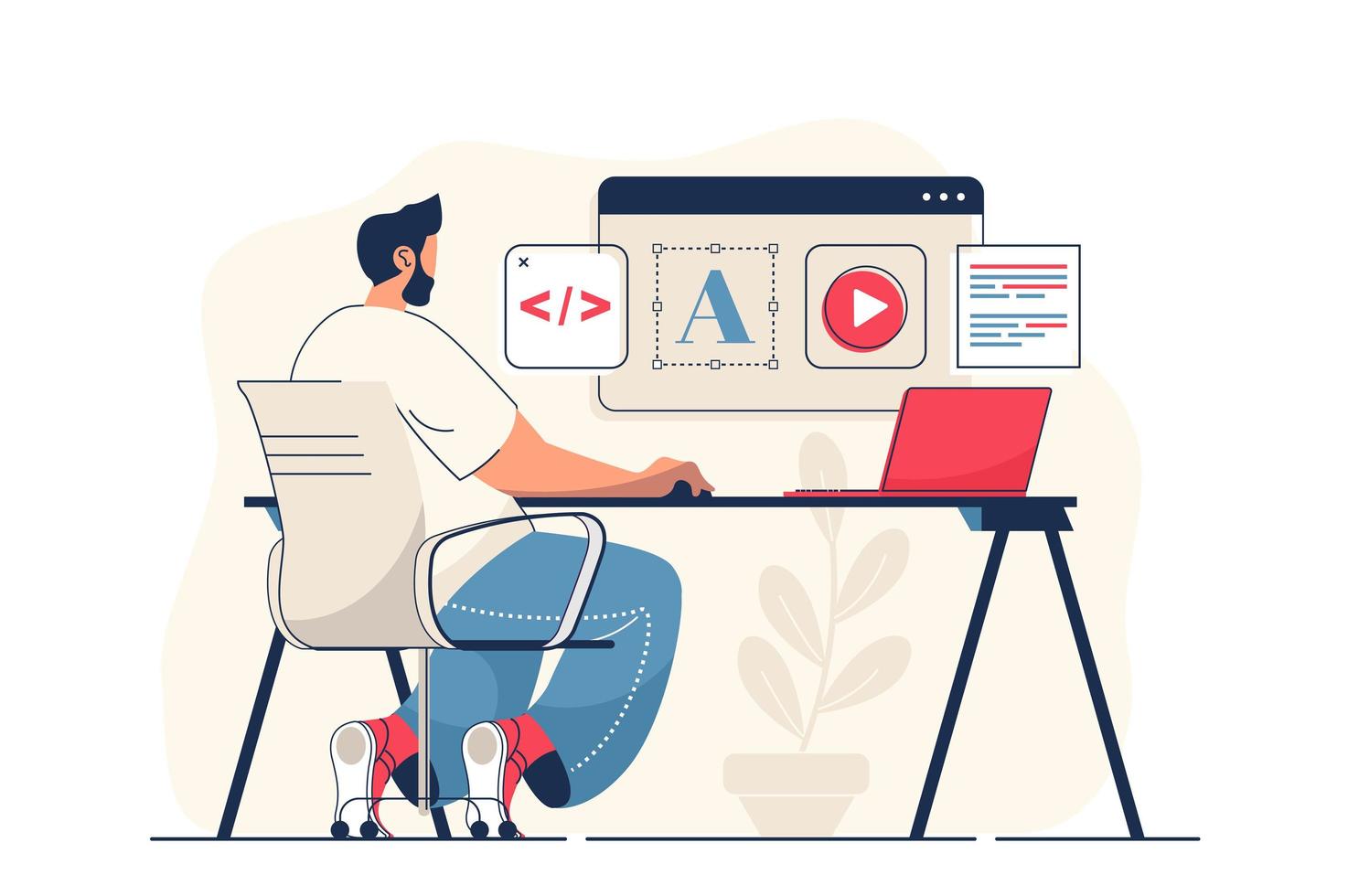 Web design concept for web banner. Man creates site layout, places graphic elements and navigation buttons page, modern person scene. Vector illustration in flat cartoon design with people characters