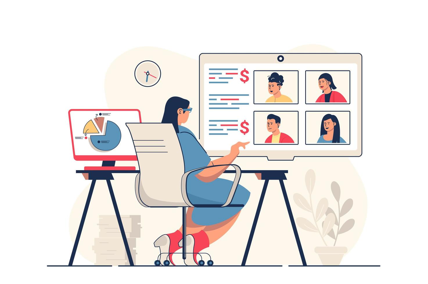 Video business conference concept for web banner. Colleagues discuss work tasks in group chat at online meeting, modern person scene. Vector illustration in flat cartoon design with people characters