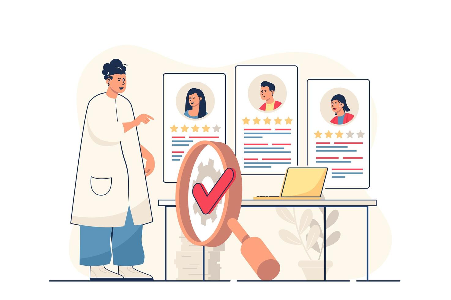 Recruitment agency concept for web banner. HR manager looks at resume for vacancy, choosing for candidates, modern person scene. Vector illustration in flat cartoon design with people characters