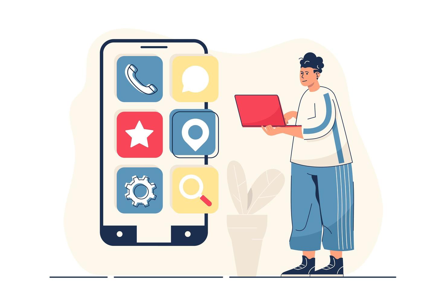 App development concept for web banner. Man creates interface layout of mobile apps and places graphic elements, modern person scene. Vector illustration in flat cartoon design with people characters