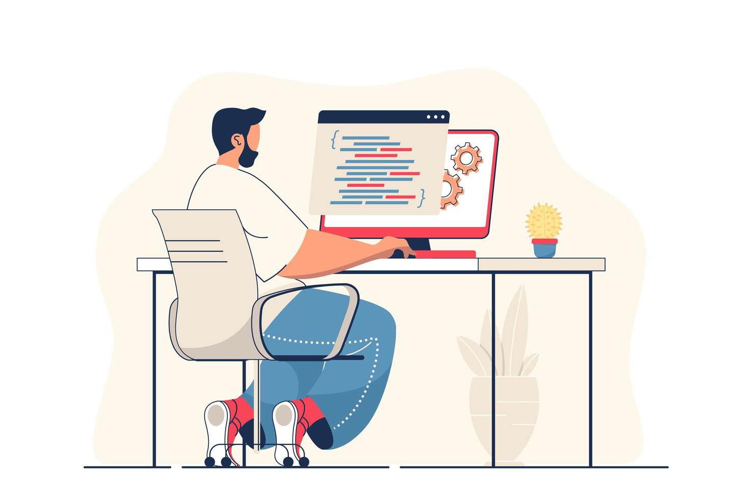 concepto de trabajo del programador para banner web. el hombre trabaja con código y programación en la computadora, crea la escena de la persona moderna de software. ilustración vectorial en diseño plano de dibujos animados con personajes de personas vector