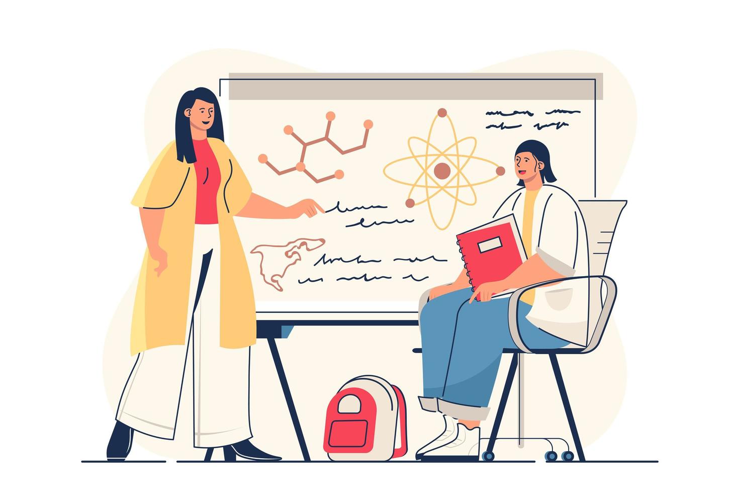 School learning concept for web banner. Student studying in classroom lesson, teacher explaining near blackboard, modern person scene. Vector illustration in flat cartoon design with people characters