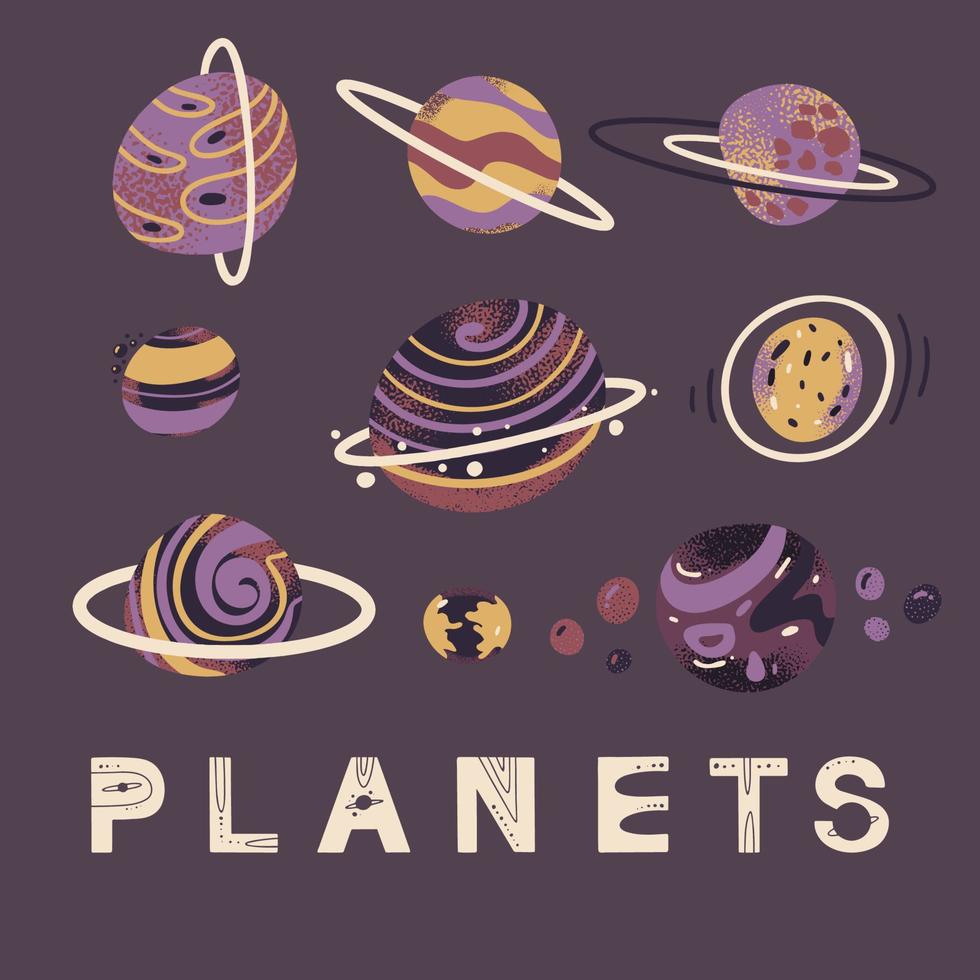 set with planets in hand draw style. Vector illustration for posters, prints and cards