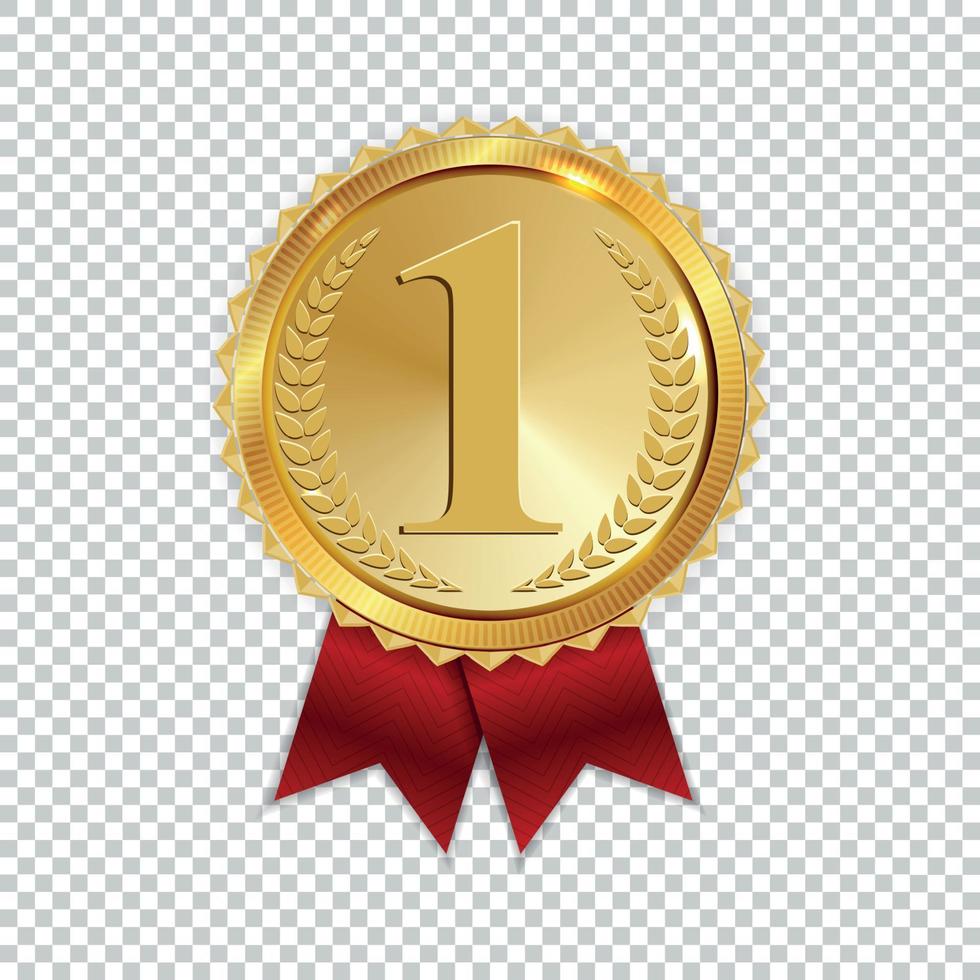 Champion Art Golden Medal with Red Ribbon l Icon Sign First Place Isolated on Transparent Background. Vector Illustration