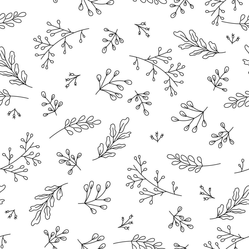 Hand drawn vector seamless pattern with floral elements. Vector pattern with leaves, twigs, branches, berries, grass. Black and white. Vector illustration