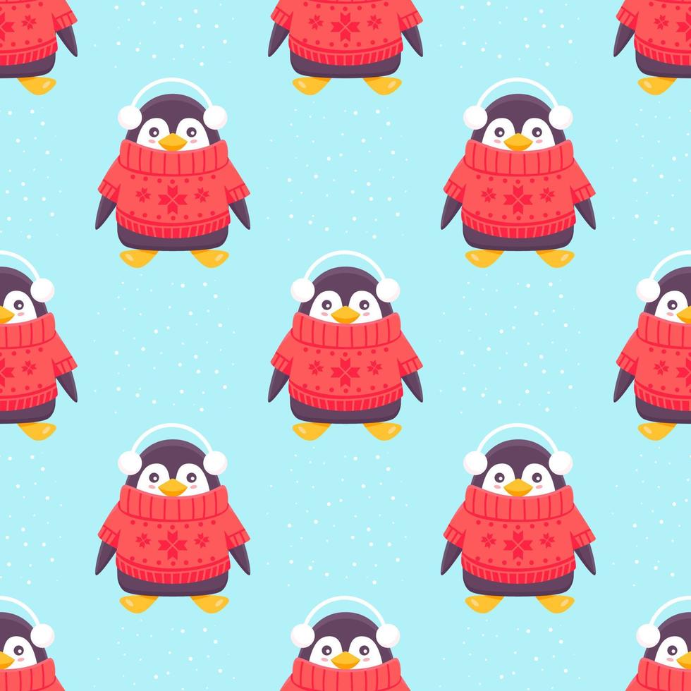 Penguins seamless pattern. Cartoon penguins in various poses and emotions. Vector cute winter illustration blue background. Merry Christmas and Happy New Year seamless pattern with penguins in vector