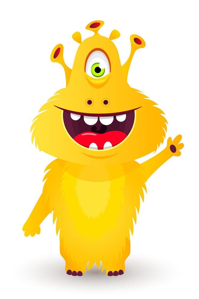 cute, friendly, fluffy, yellow monster alien waves and smiles. Cartoon style. Vector illustration