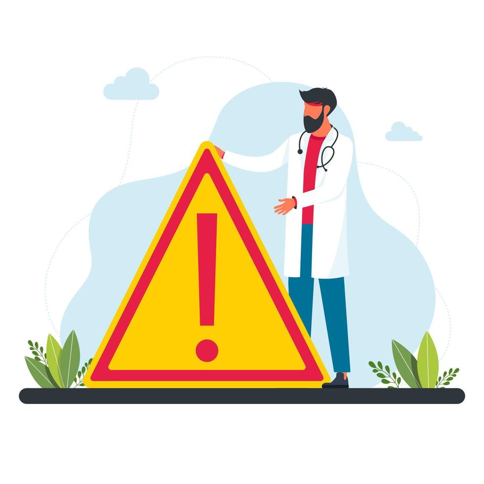 a doctor stands in front of a large warning sign. a doctor in a white coat warns of danger. concept of medicine and human protection. vector illustration