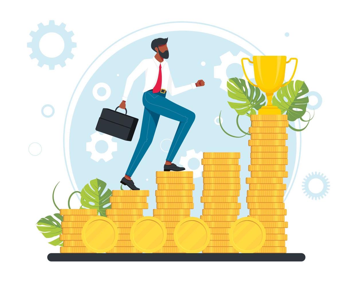 office workers, managers, Successful businessmen running up the career stairs of money. Business goal achievement, career ladder progress, and advancement, Career growth, salary increase. Vector. vector