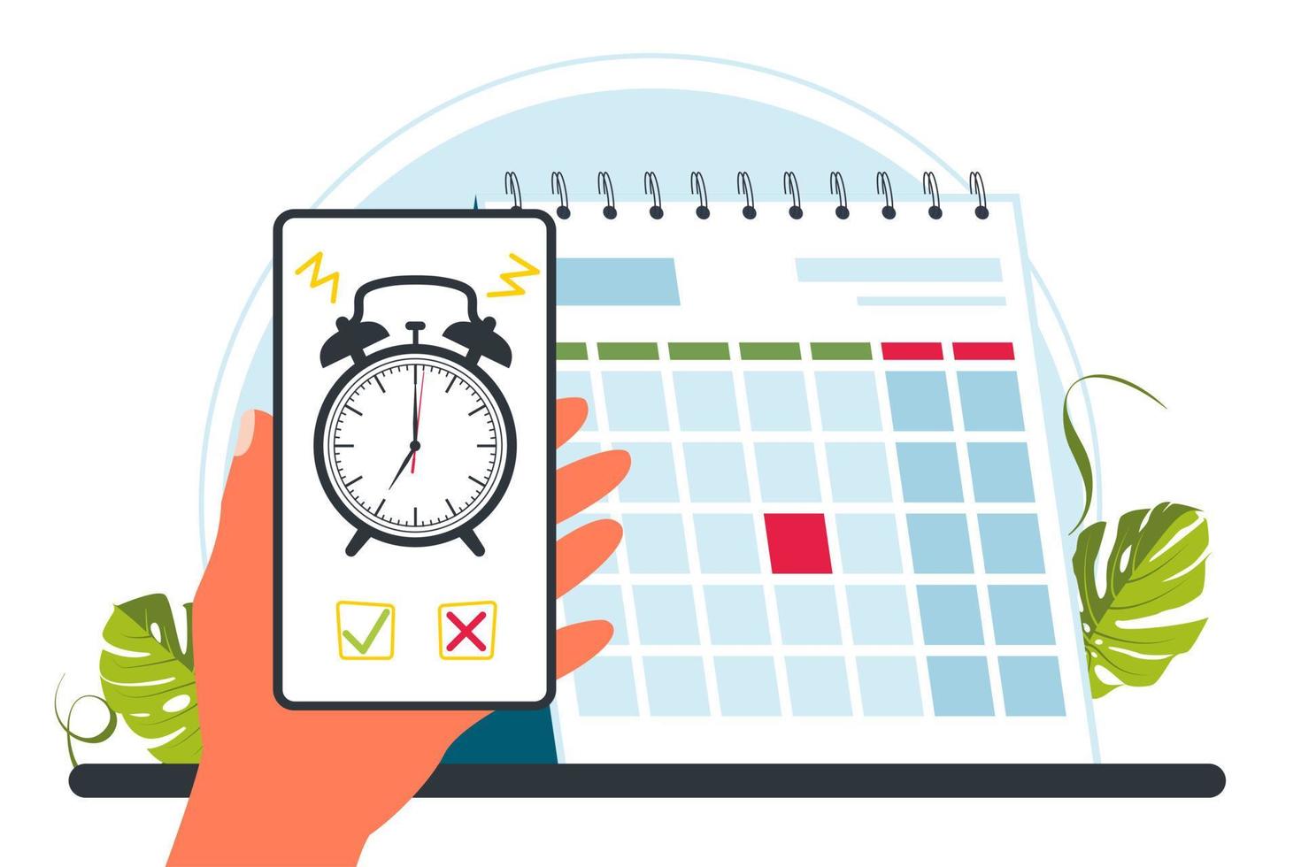 calendar, alarm clock. time management concept, deadline. Appointment, important date concept. Alarm clock on a smartphone screen in hand. Calendar date deadline notification. Vector illustration