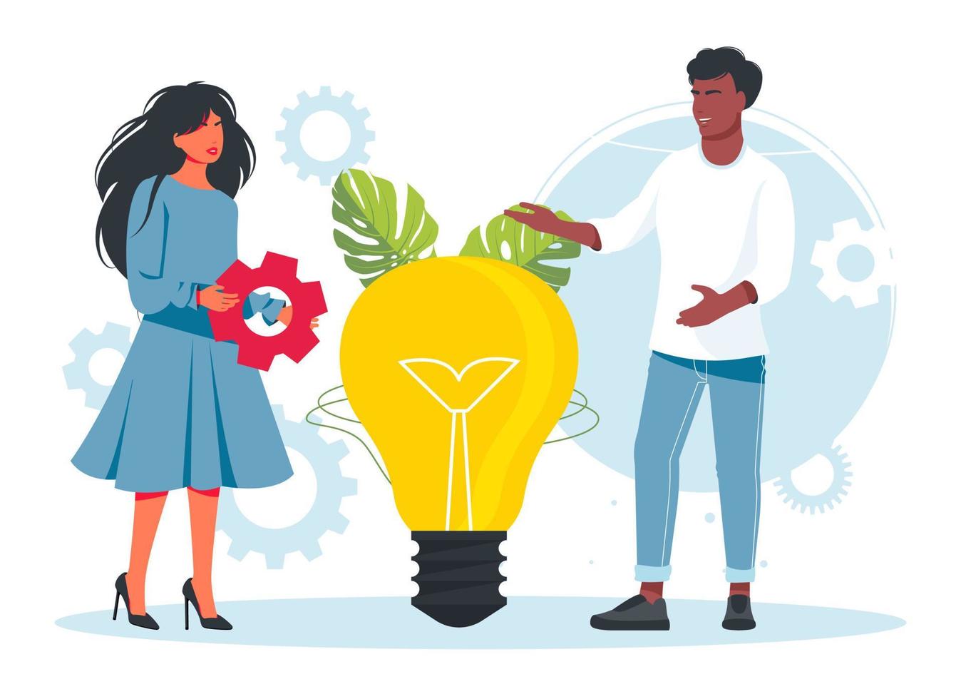 African man, woman stands by a large light bulb. Business idea concept. Creation, implementation of business innovations. Vector illustration. Implementation, integration of innovative ideas concept