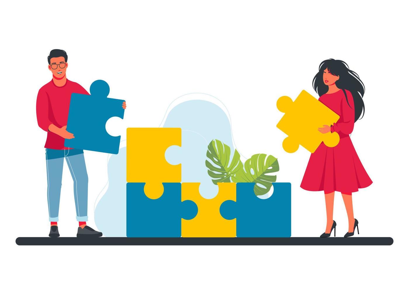 People collect a puzzle, a mosaic. Colleagues holding large puzzle pieces. A Successful partnership, communication, collaboration metaphor. Teamwork, business cooperation concept. Vector illustration