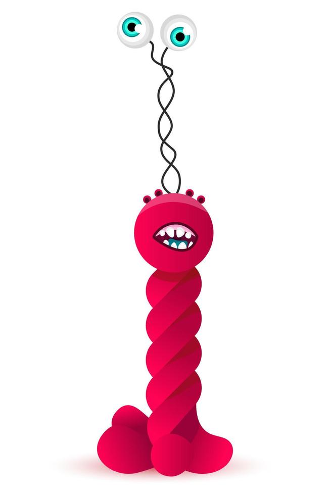 cute, friendly, scared, pink monster alien twisted into a rope. Cartoon style. vector illustration