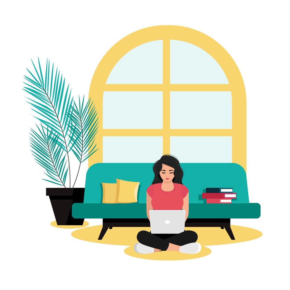 a young girl sits in front of a sofa on the floor at home and works at a laptop. Freelancer concept. Vector illustration