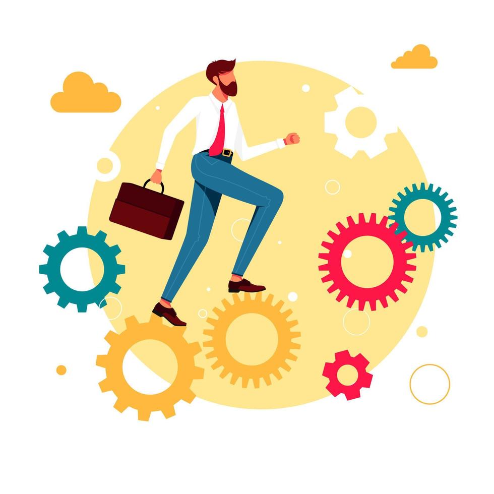 office workers, managers, Successful businessmen running up the career gears mechanism. Business goal achievement, career ladder progress, and advancement, Career growth, Vector. Vector illustration