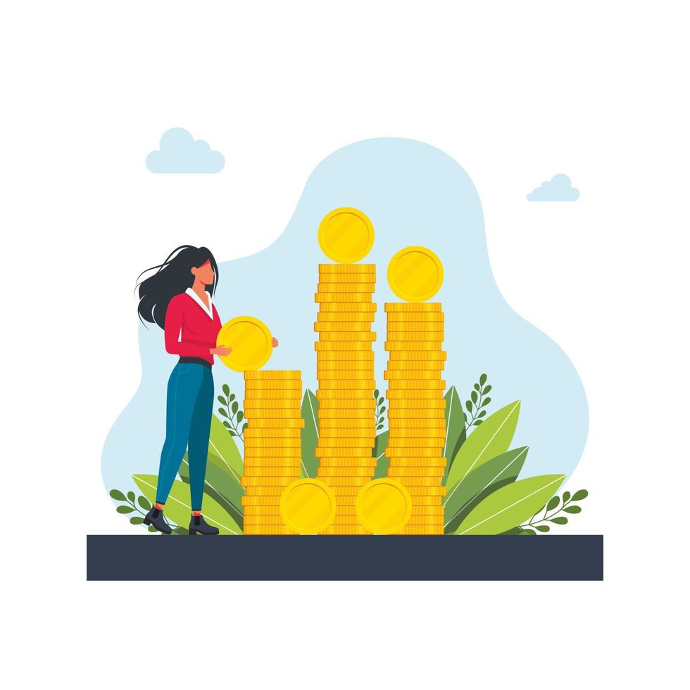 Happy successful character with a pile of coin. Financial well-being. a woman puts a coin on a large pile of money. Business investment and money savings. Fees and funding vector