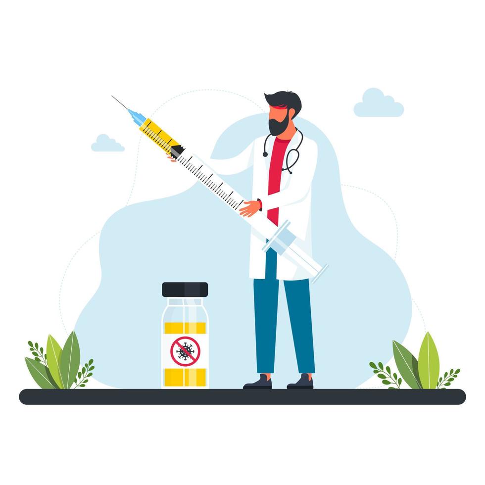 tiny doctor is holding an insulin syringe for vaccination.man holding injection syringe with drug or vaccine.Concept of breakthrough and achievement of medical science in virus and infection treatment vector