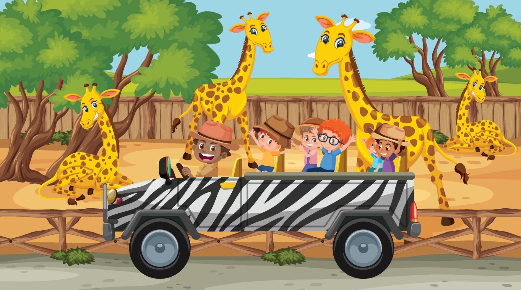 Escena de safari con muchas jirafas y niños en coche turístico. vector