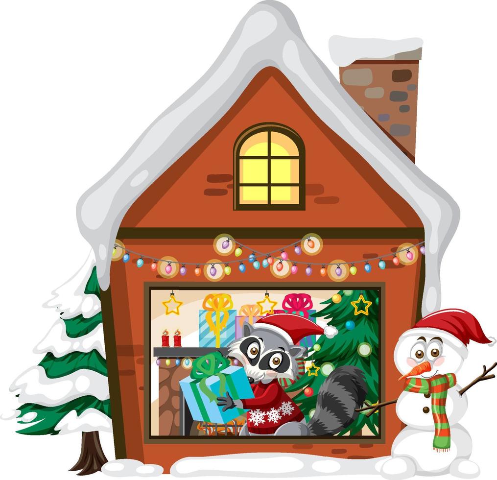Raccoon live in winter house in Christmas theme vector