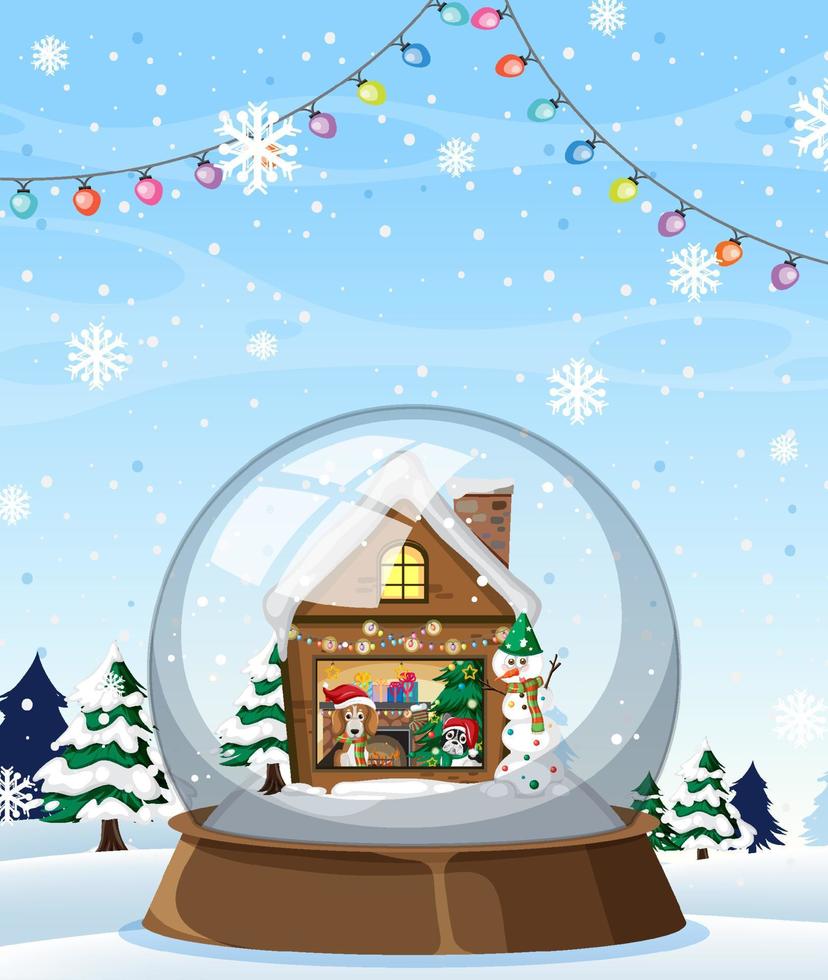 casa de invierno y muñeco de nieve en snowdome vector