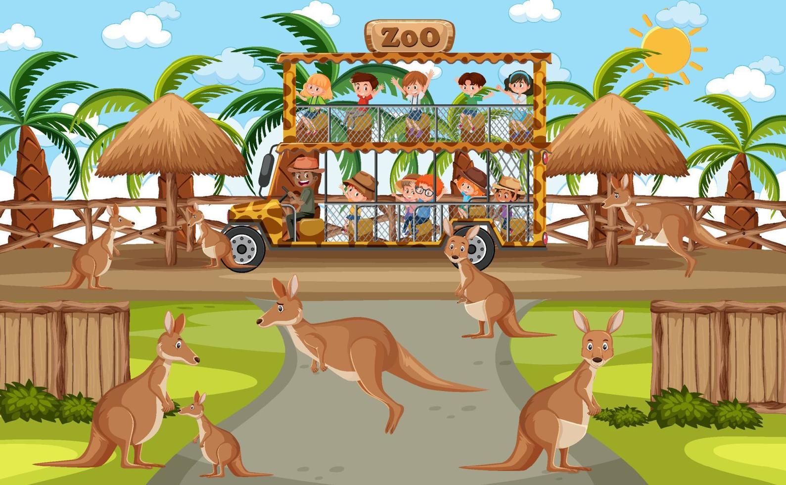 Escena de safari con niños en coche turístico viendo grupo canguro vector