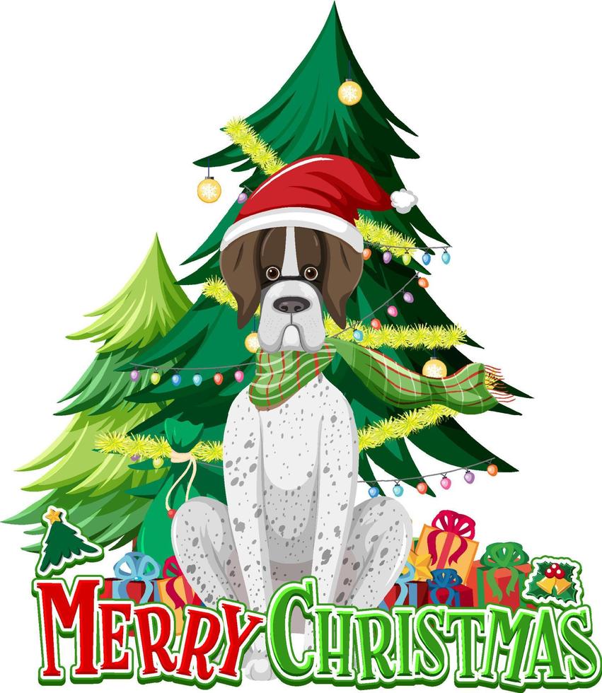 logotipo de texto de feliz navidad con árbol de navidad y perros lindos vector