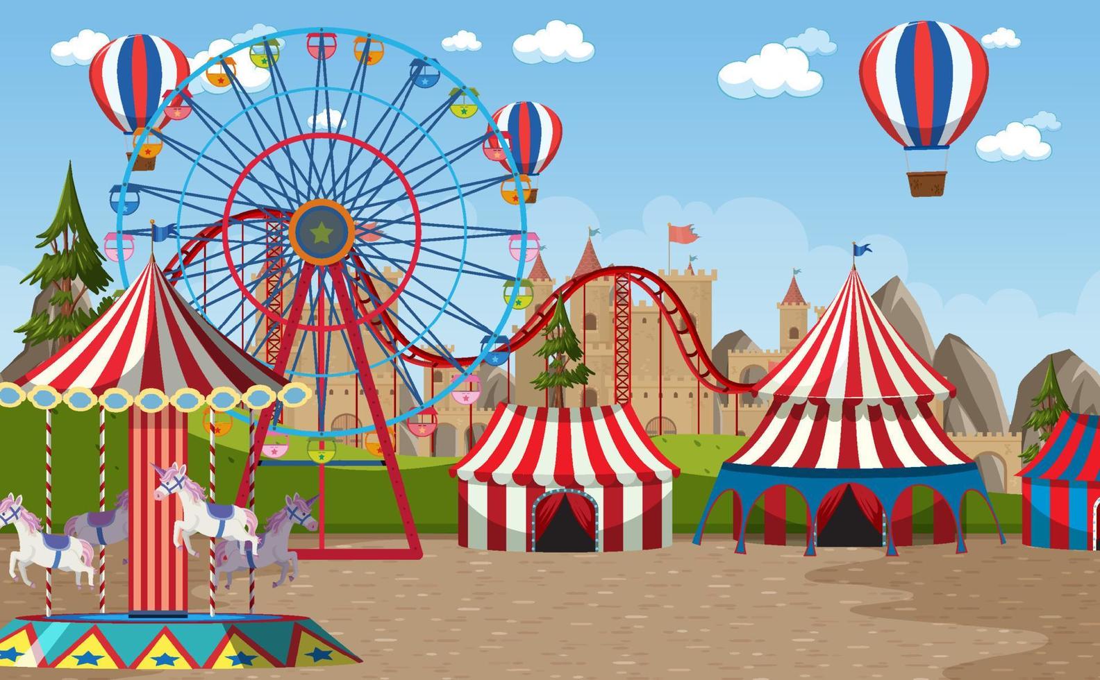 Escena del parque de atracciones con noria y cúpula de circo. vector