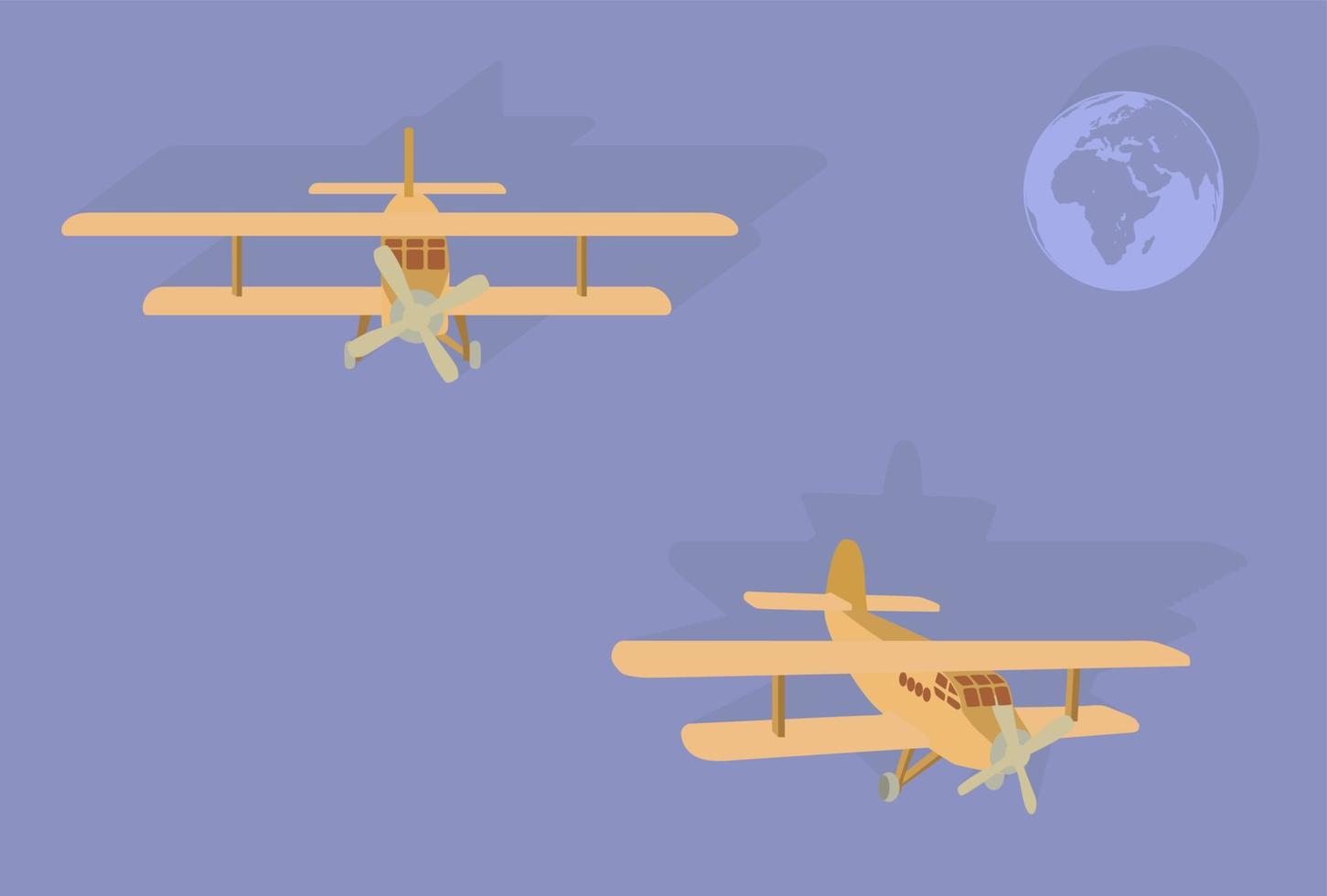 Color model of an old plane in the sky with the image of the earth. Different angles. Vector illustration