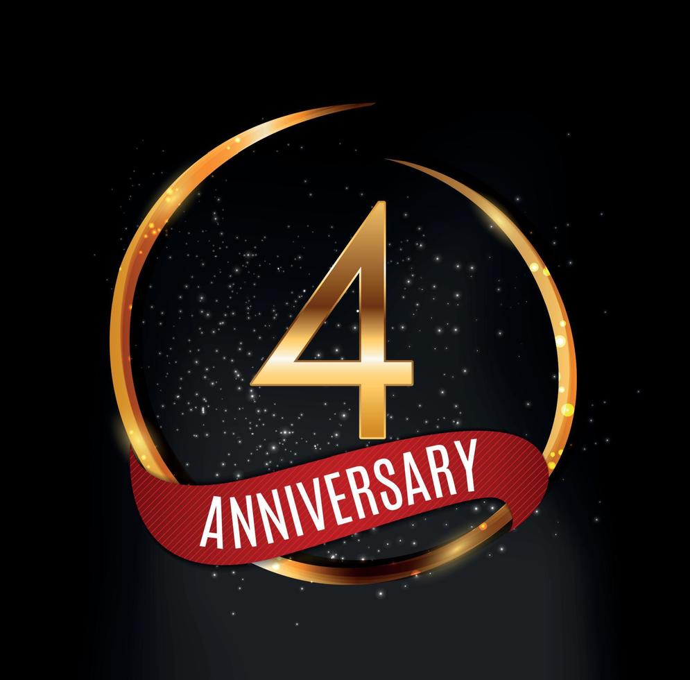 Template Gold Logo 4 Years Anniversary with Red Ribbon Vector Illustration