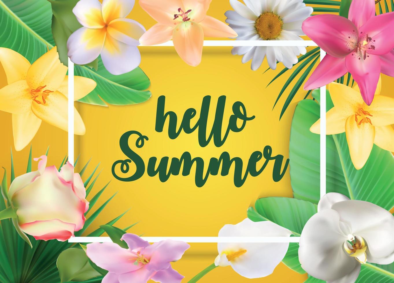 Hello Summer Natural Floral Background with Frame Vector Illustration