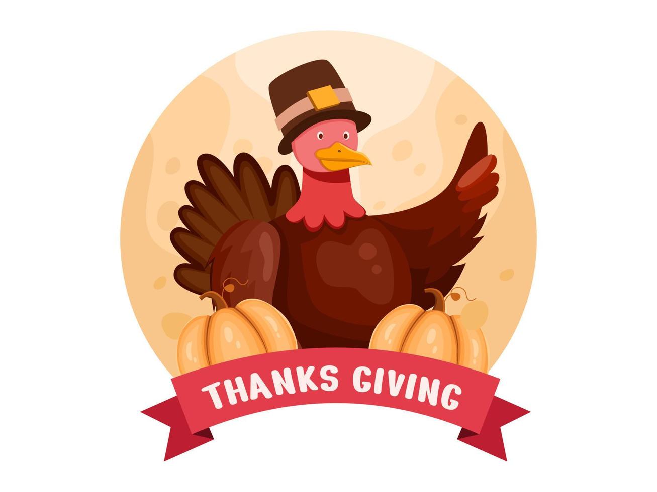 Thanks giving  cute cartoon illustration with turkey or chicken mascot and pumpkin. can be used for greeting card, poster, postcard, banner, web, social media, print. vector