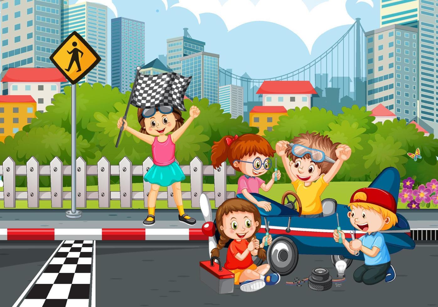 Outdoor scene with children racing car vector