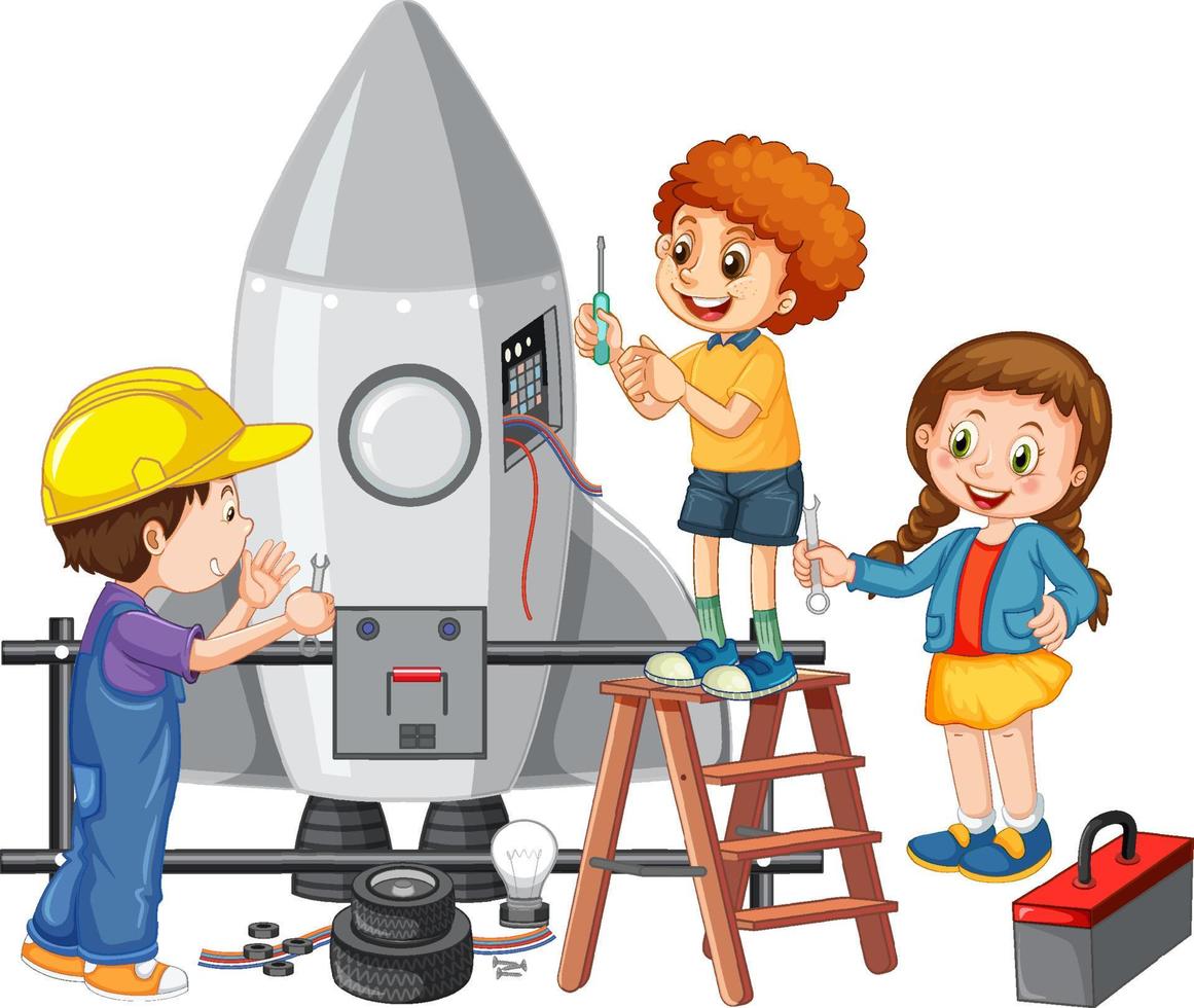 Children fixing a rocket together on white background vector