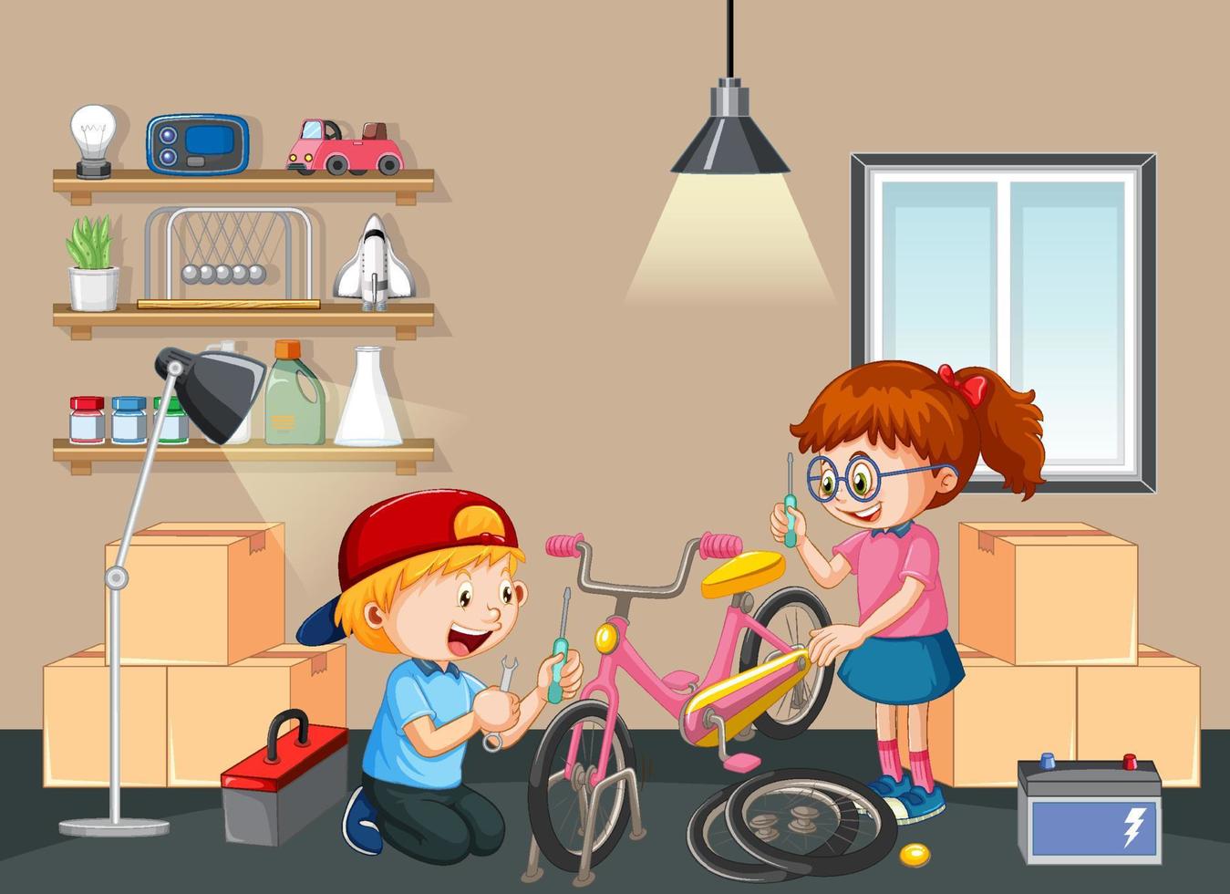 niños arreglando una bicicleta juntos en la escena de la habitación vector