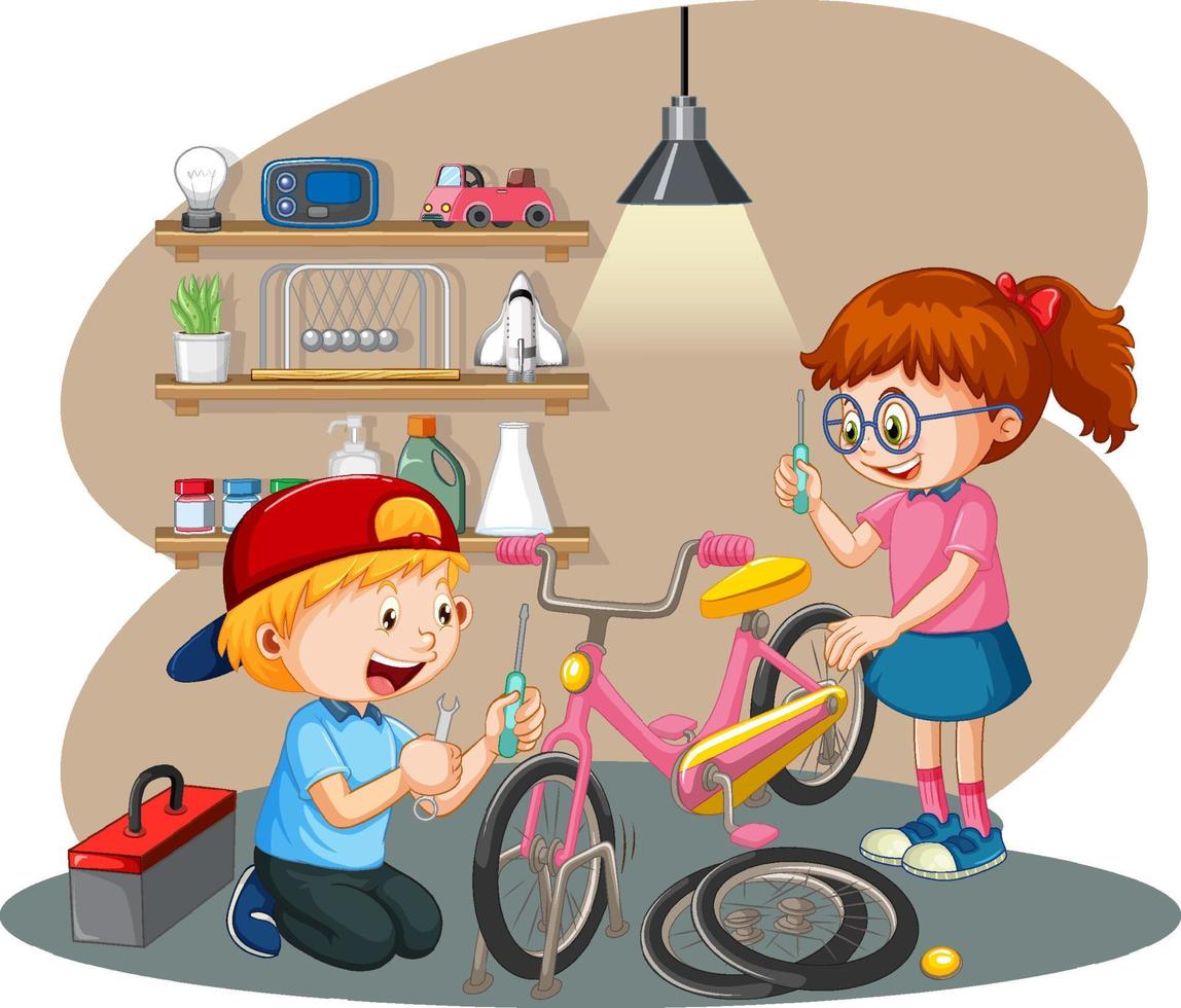 Children fixing a bicycle together vector