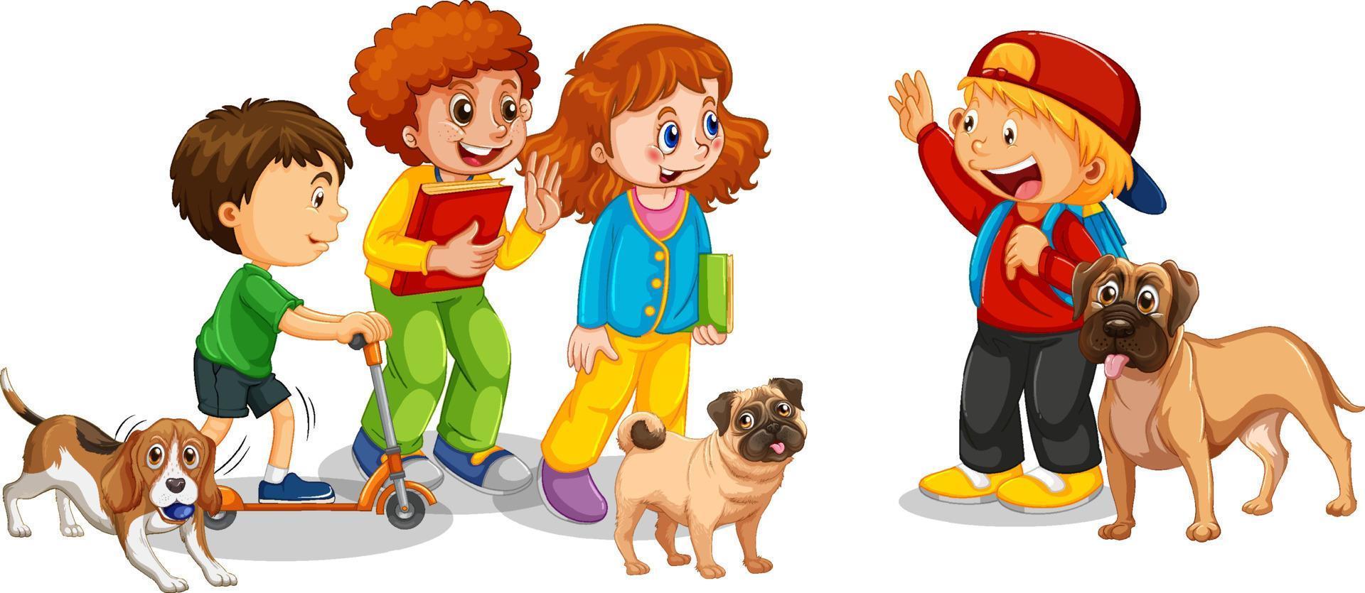 Happy kids with their dogs vector