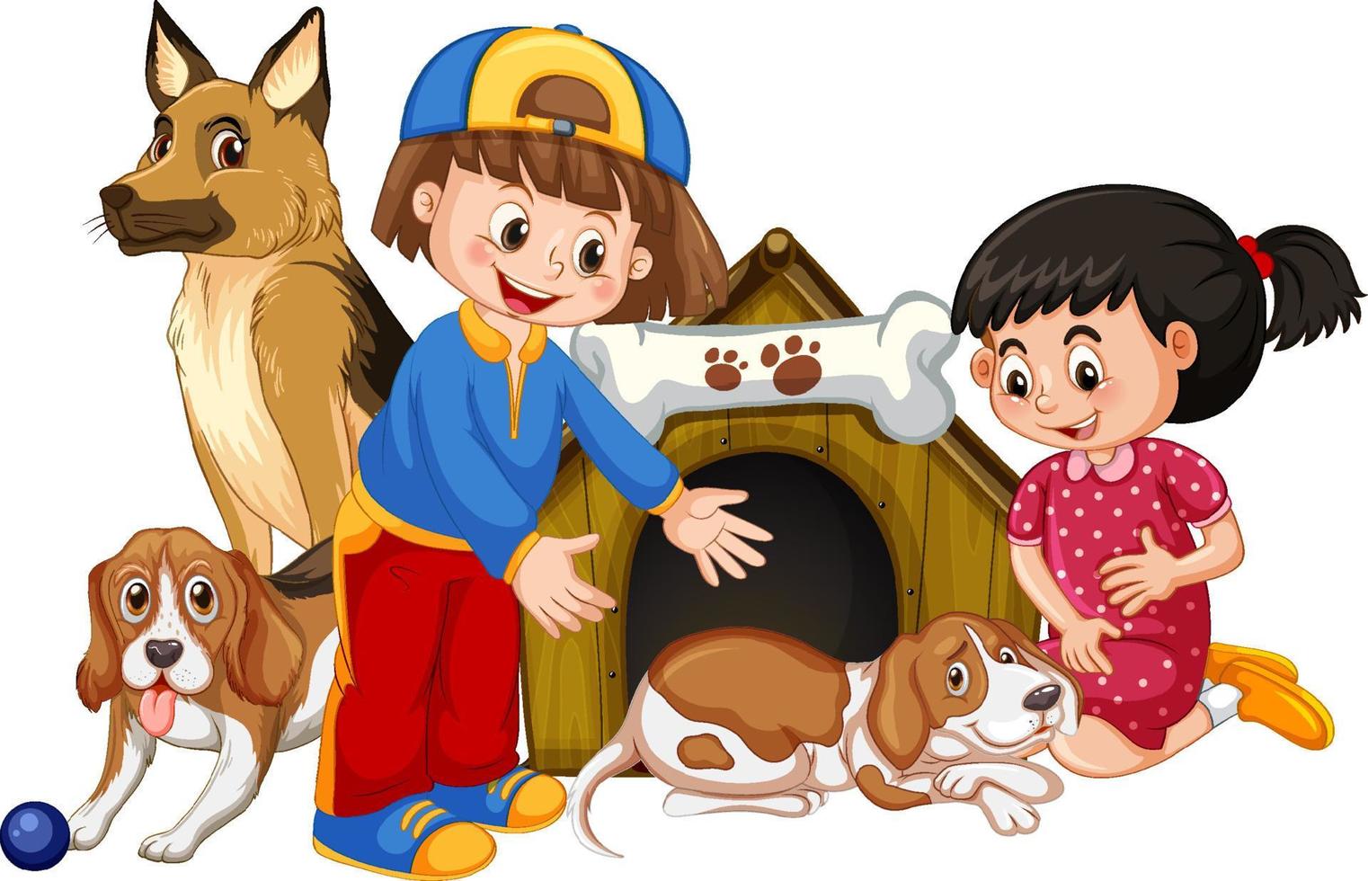 Children with their dogs on white background vector